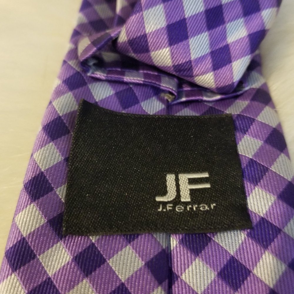 J Ferrar Purple Silver Checked Tie - Picture 5 of 6